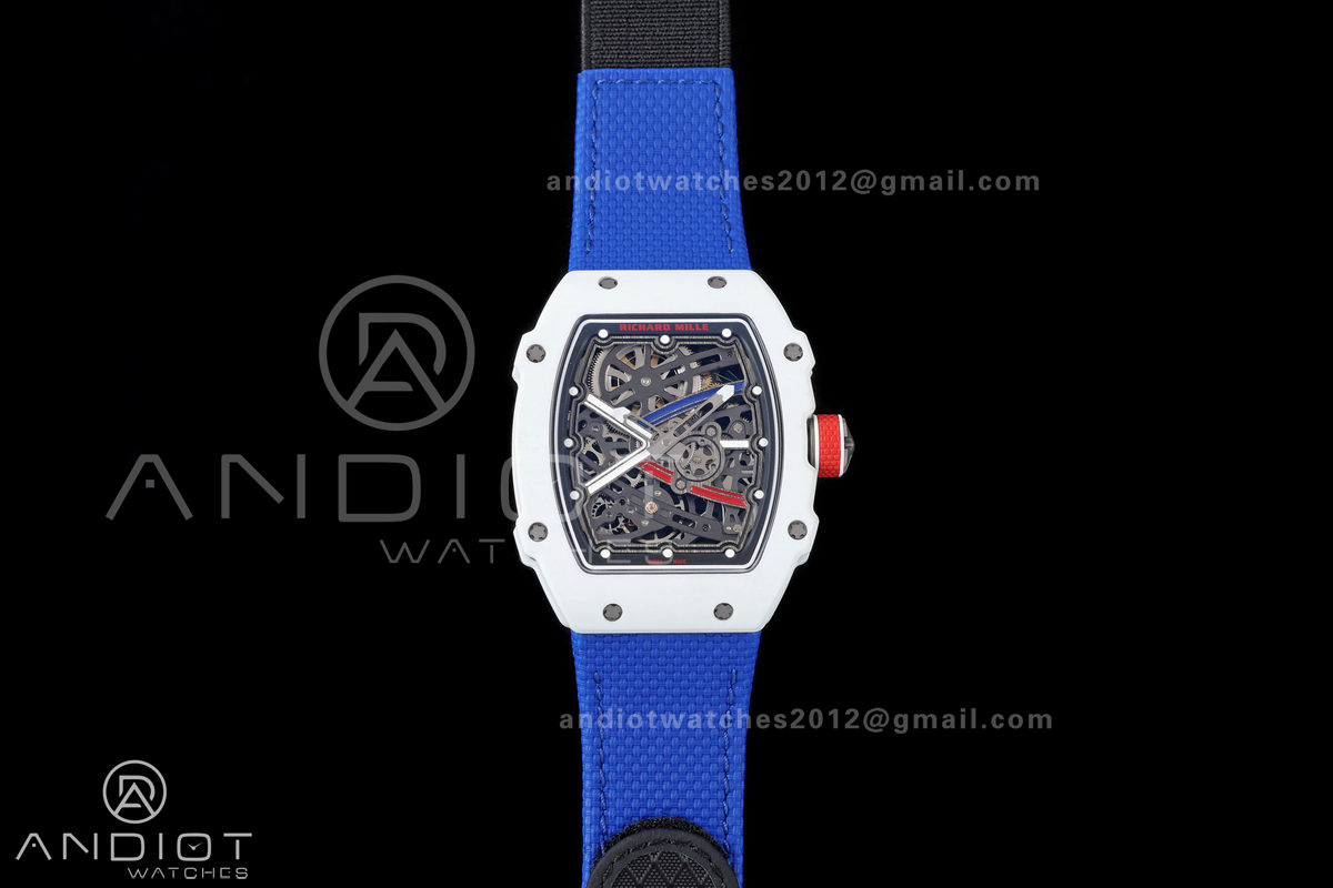RICH Maker's 1:1 RM67-02 White NTPT France Blue/White/Red Skeleton Dial CRMA7 Super Clone